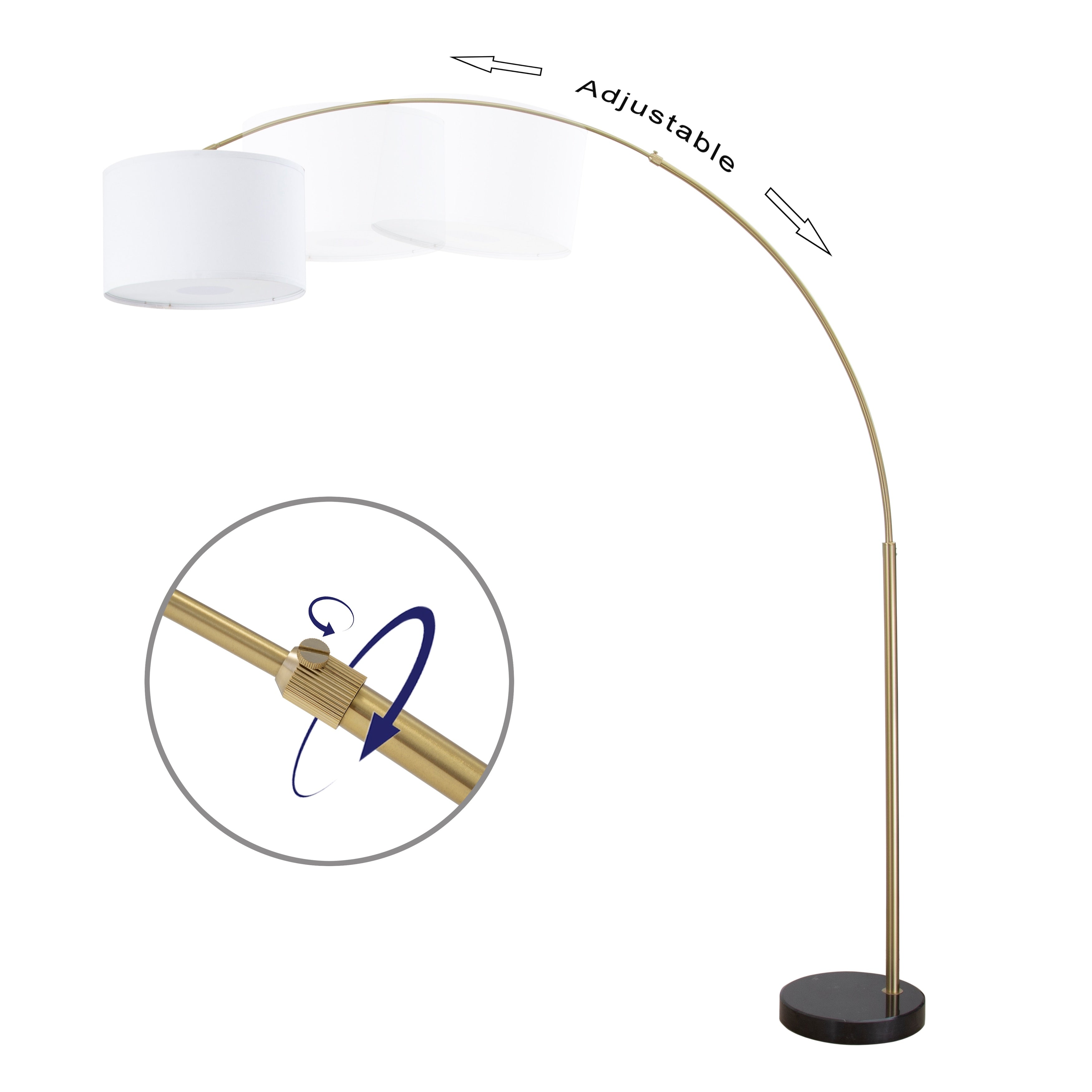 Lampada da terra ad arco regolabile in acciaio Q-Max 81 con paralume extra large e base in marmo