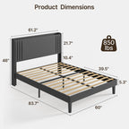 Letto imbottito con canali verticali queen/full e testiera wingback