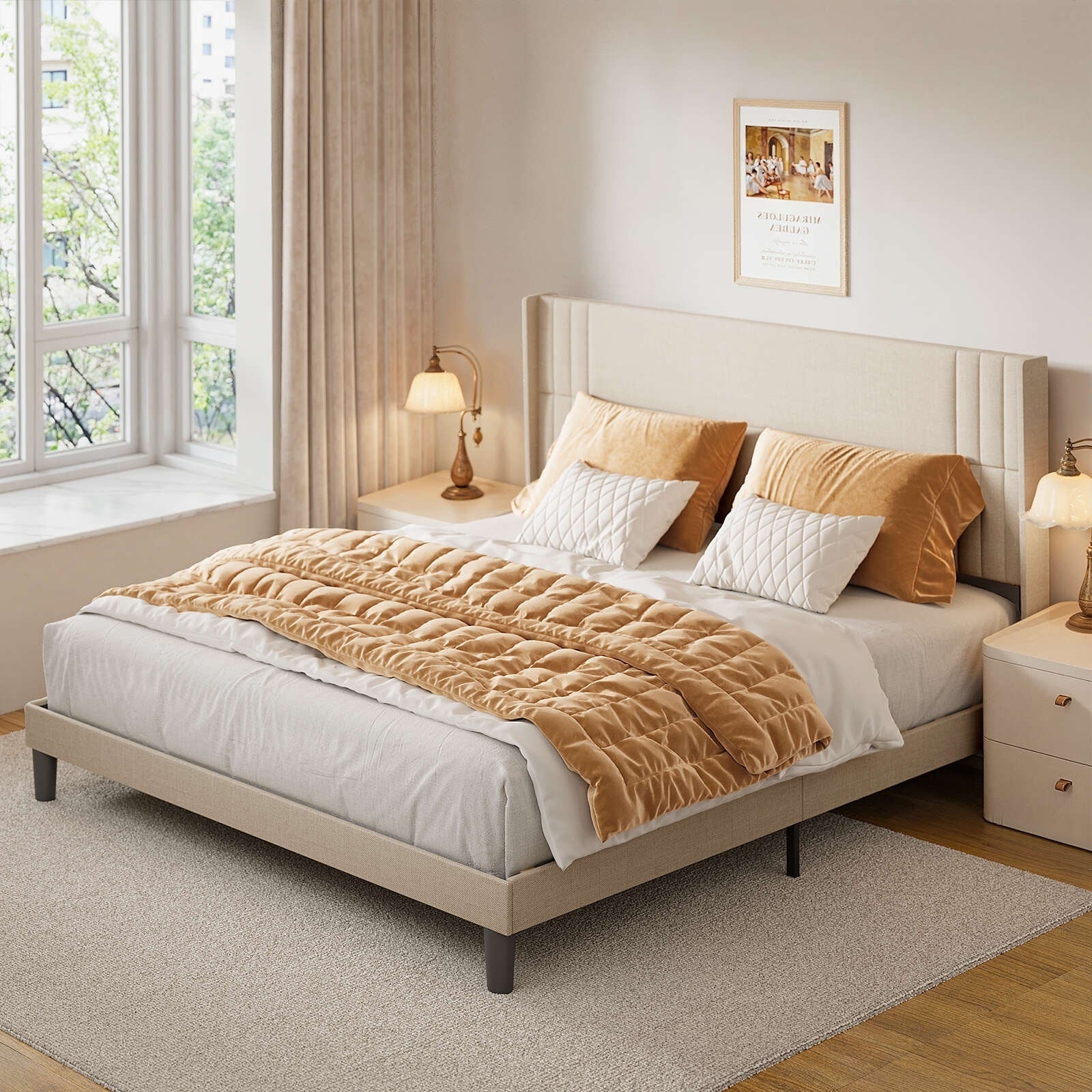 Letto imbottito con canali verticali queen/full e testiera wingback