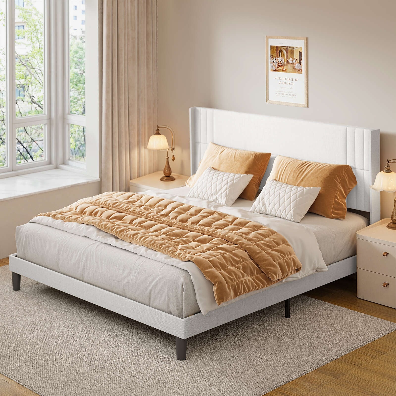 Letto imbottito con canali verticali queen/full e testiera wingback