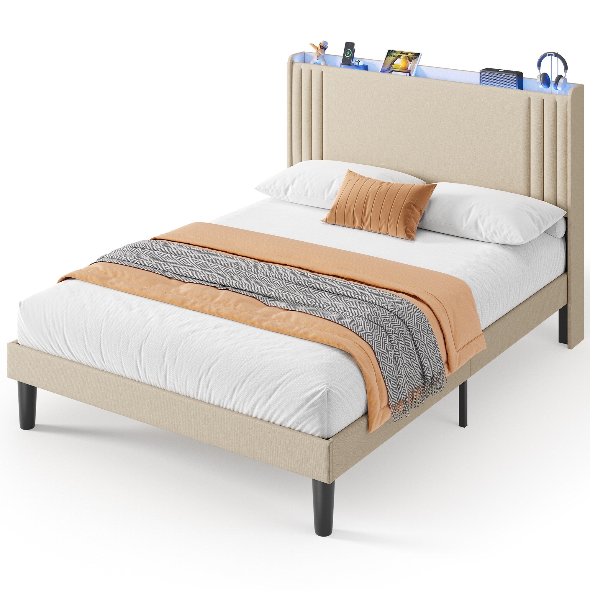 Letto imbottito con canali verticali queen/full e testiera wingback