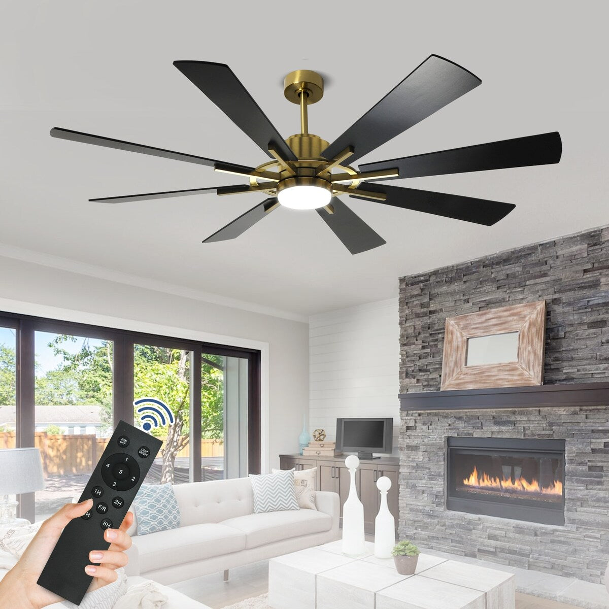 Ventilatore da soffitto con luci e telecomando, 8 pale in legno grandi