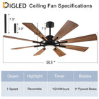 Ventilatore da soffitto con luci e telecomando, 8 pale in legno grandi