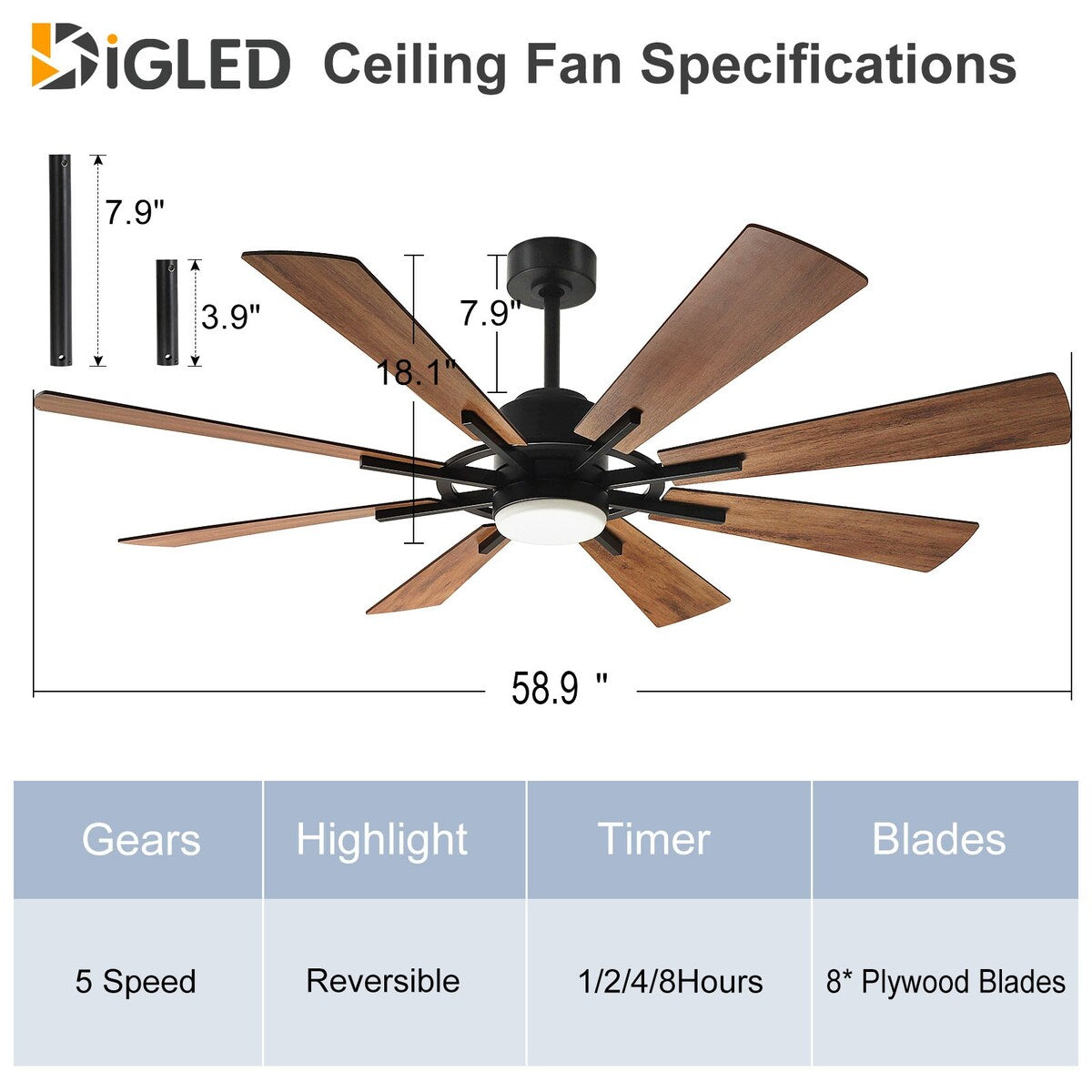 Ventilatore da soffitto con luci e telecomando, 8 pale in legno grandi