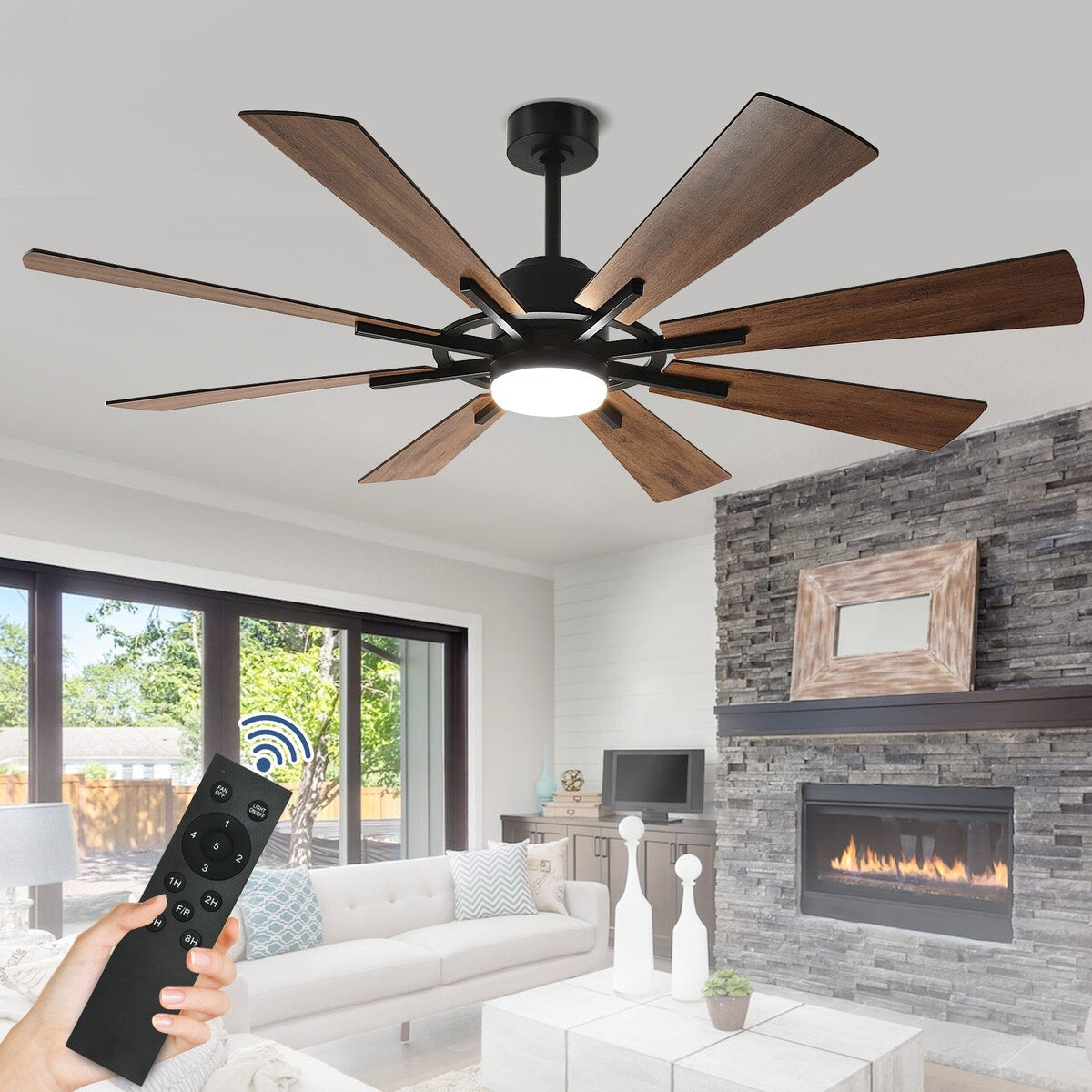 Ventilatore da soffitto con luci e telecomando, 8 pale in legno grandi
