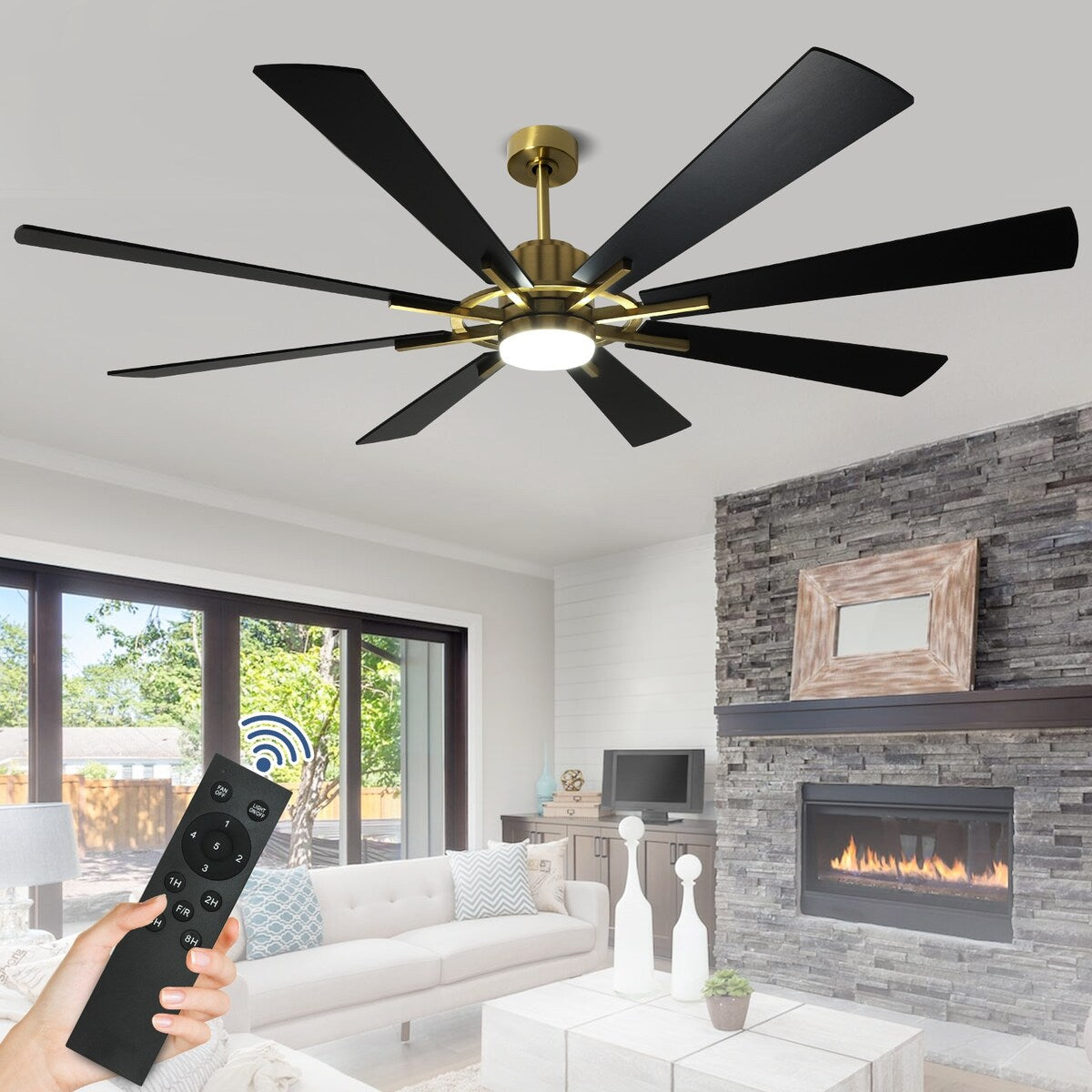 Ventilatore da soffitto con luci e telecomando, 8 pale in legno grandi