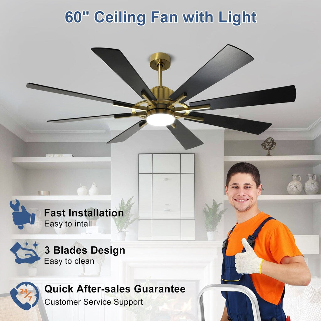 Ventilatore da soffitto con luci e telecomando, 8 pale in legno grandi