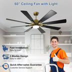 Ventilatore da soffitto con luci e telecomando, 8 pale in legno grandi