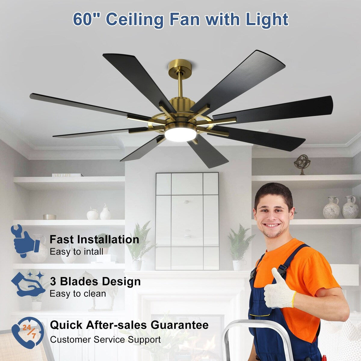 Ventilatore da soffitto con luci e telecomando, 8 pale in legno grandi