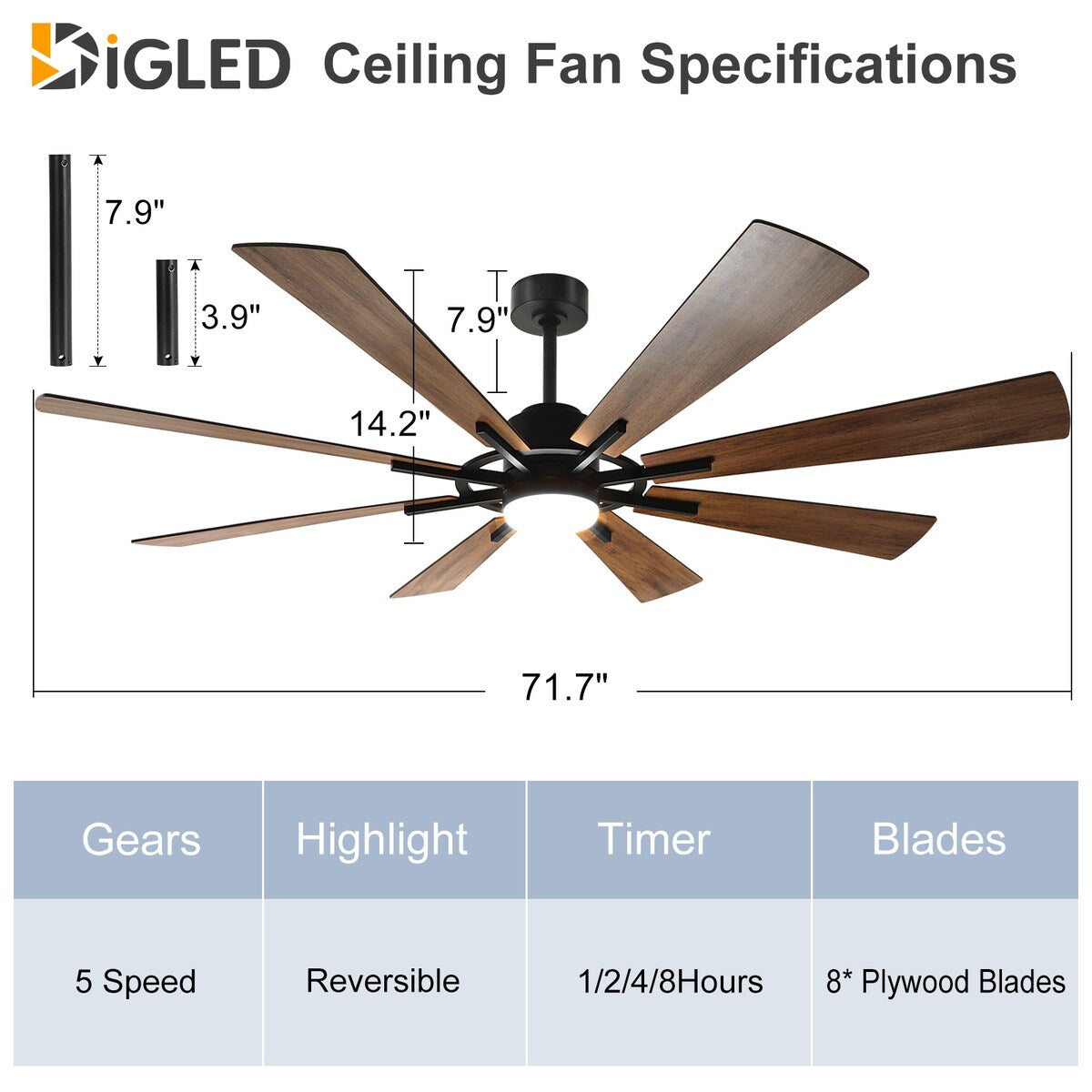 Ventilatore da soffitto con luci e telecomando, 8 pale in legno grandi