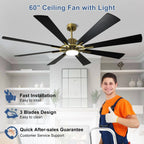 Ventilatore da soffitto con luci e telecomando, 8 pale in legno grandi