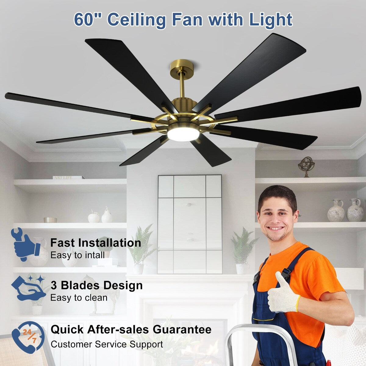 Ventilatore da soffitto con luci e telecomando, 8 pale in legno grandi