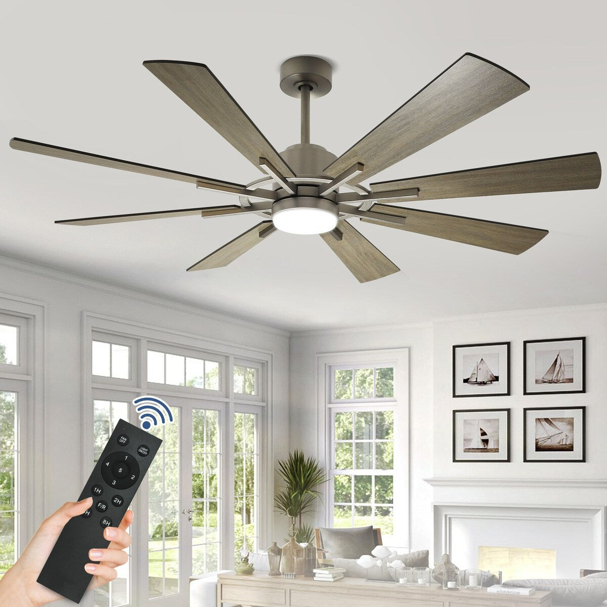 Ventilatore da soffitto con luci e telecomando, 8 pale in legno grandi