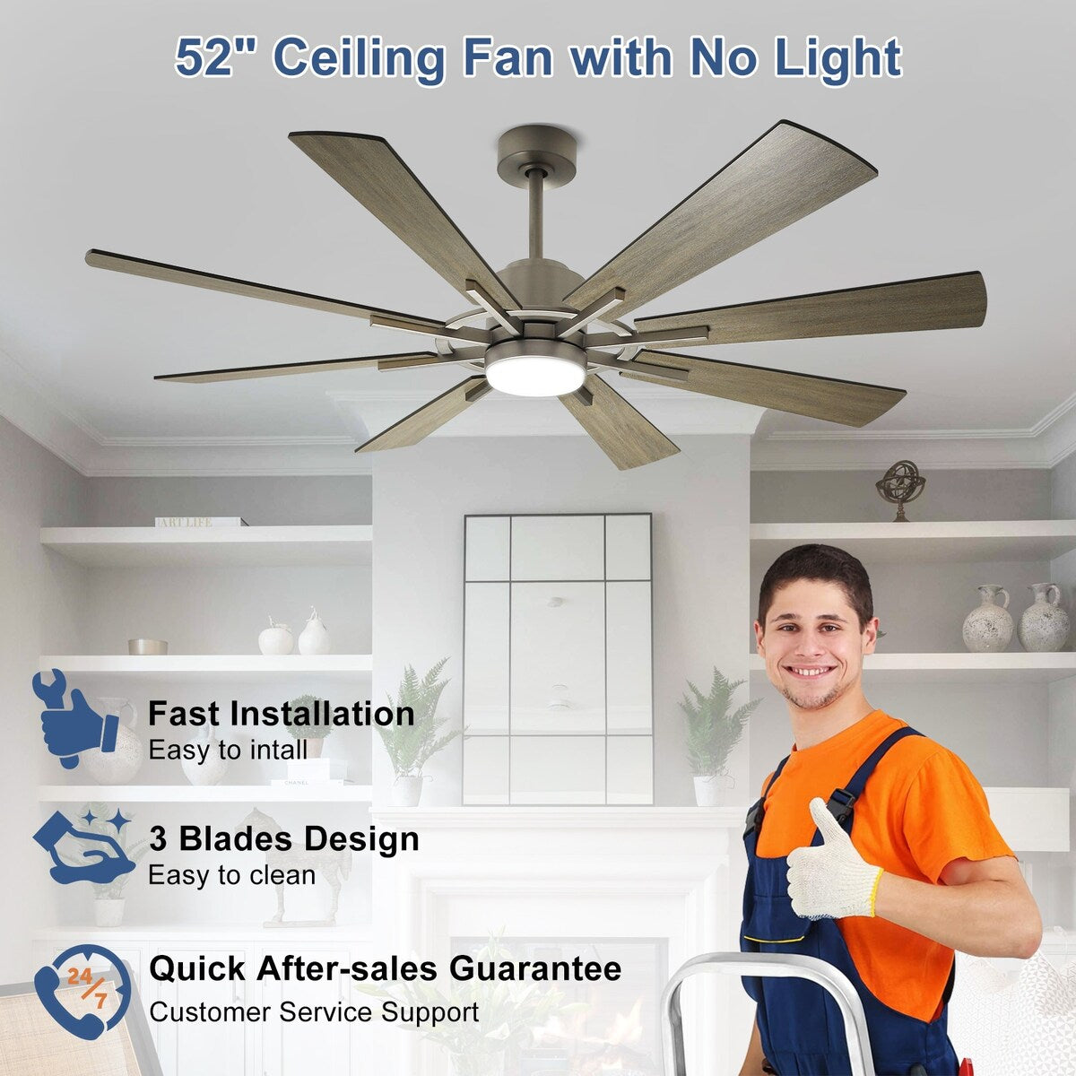 Ventilatore da soffitto con luci e telecomando, 8 pale in legno grandi
