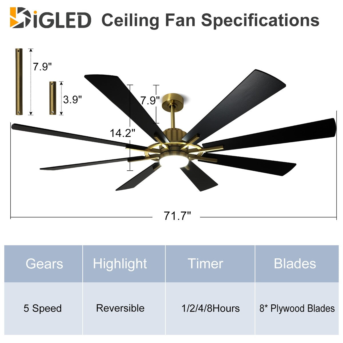 Ventilatore da soffitto con luci e telecomando, 8 pale in legno grandi