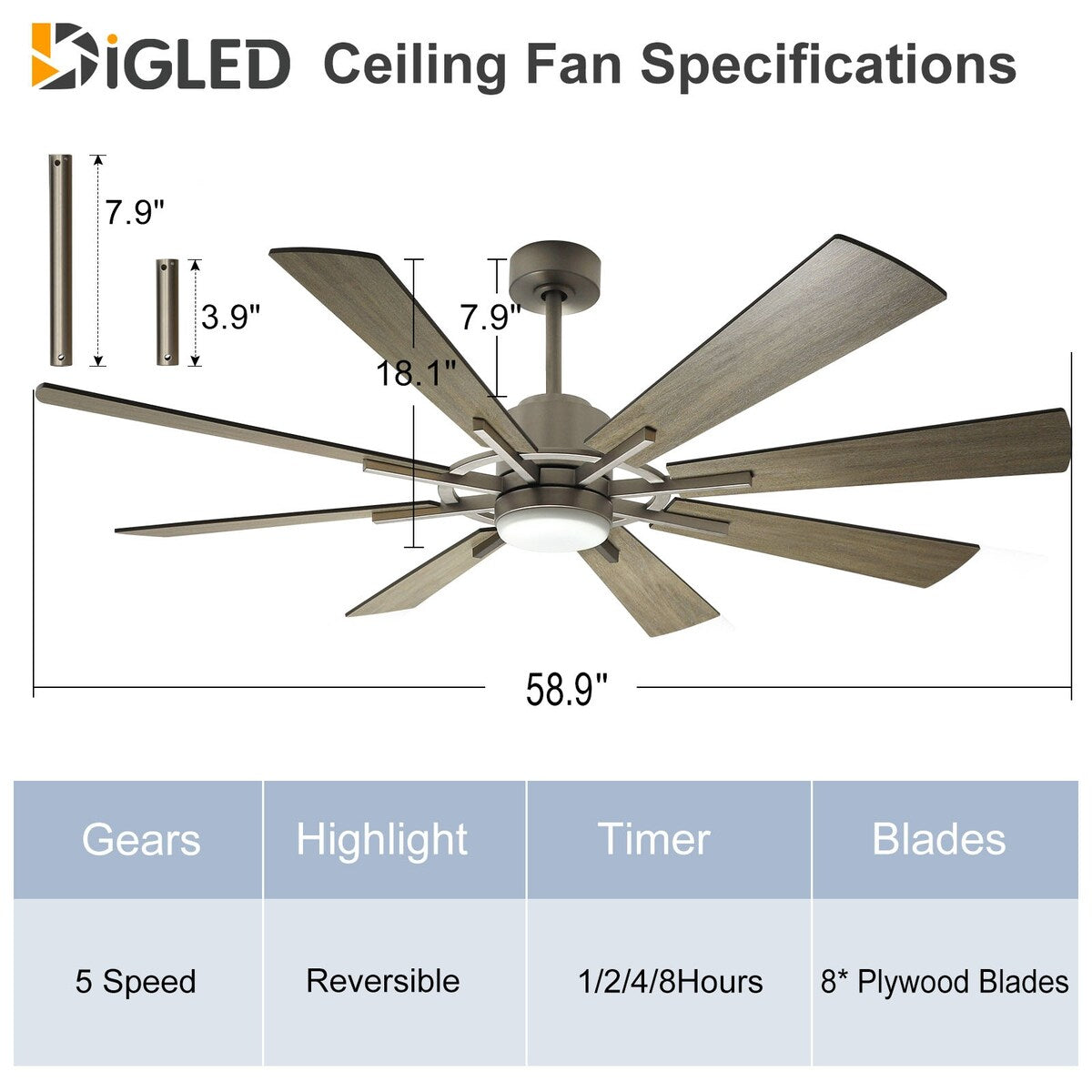 Ventilatore da soffitto con luci e telecomando, 8 pale in legno grandi
