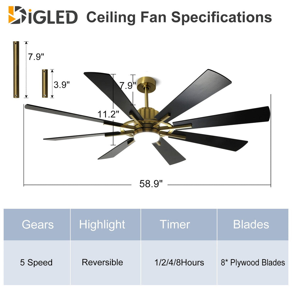 Ventilatore da soffitto con luci e telecomando, 8 pale in legno grandi