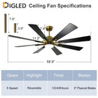 Ventilatore da soffitto con luci e telecomando, 8 pale in legno grandi