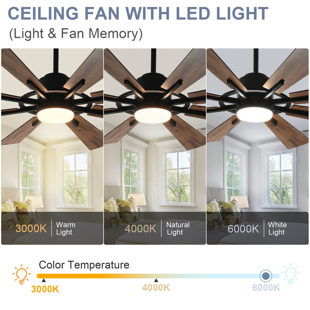 Ventilatore da soffitto con luci e telecomando, 8 pale in legno grandi
