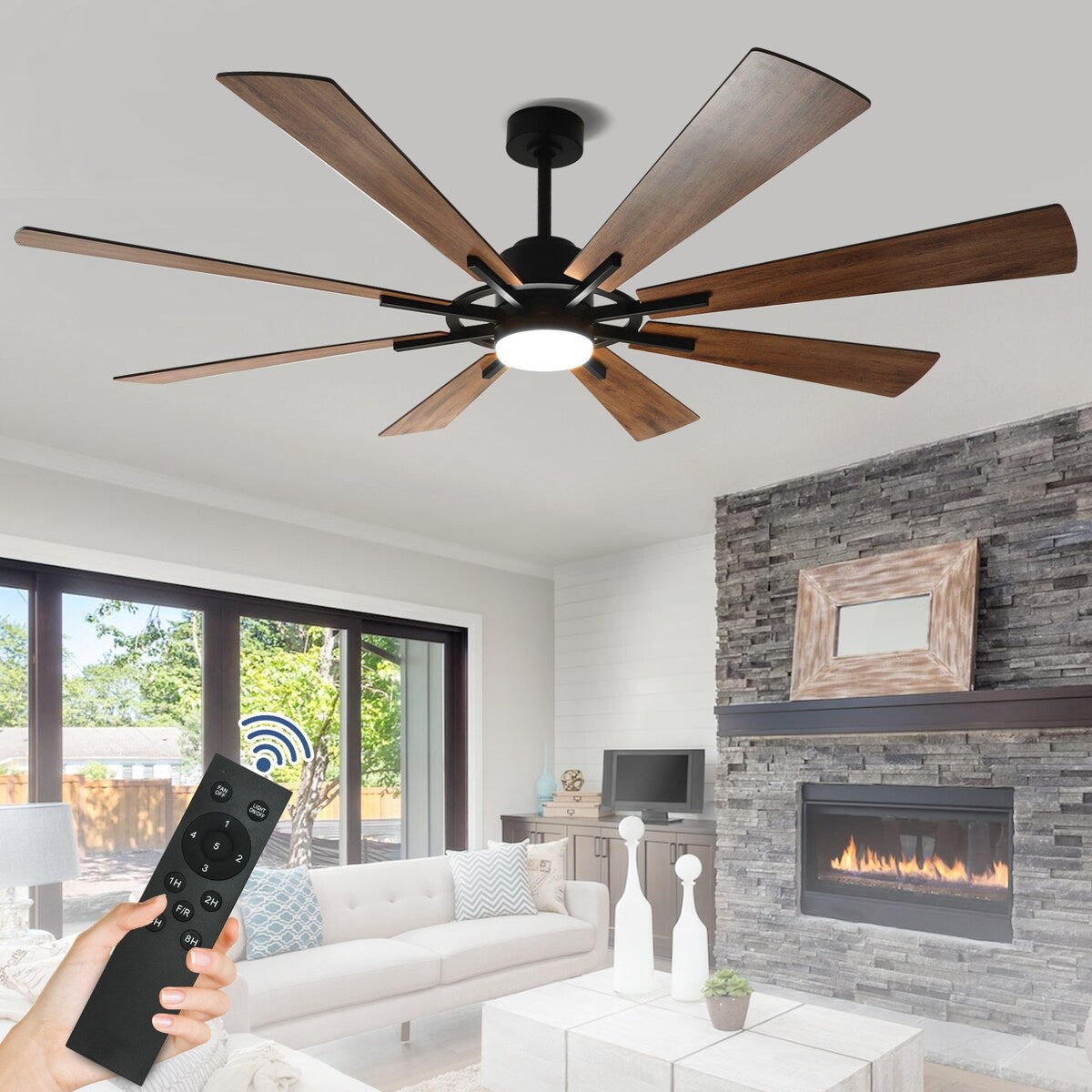 Ventilatore da soffitto con luci e telecomando, 8 pale in legno grandi