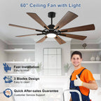Ventilatore da soffitto con luci e telecomando, 8 pale in legno grandi