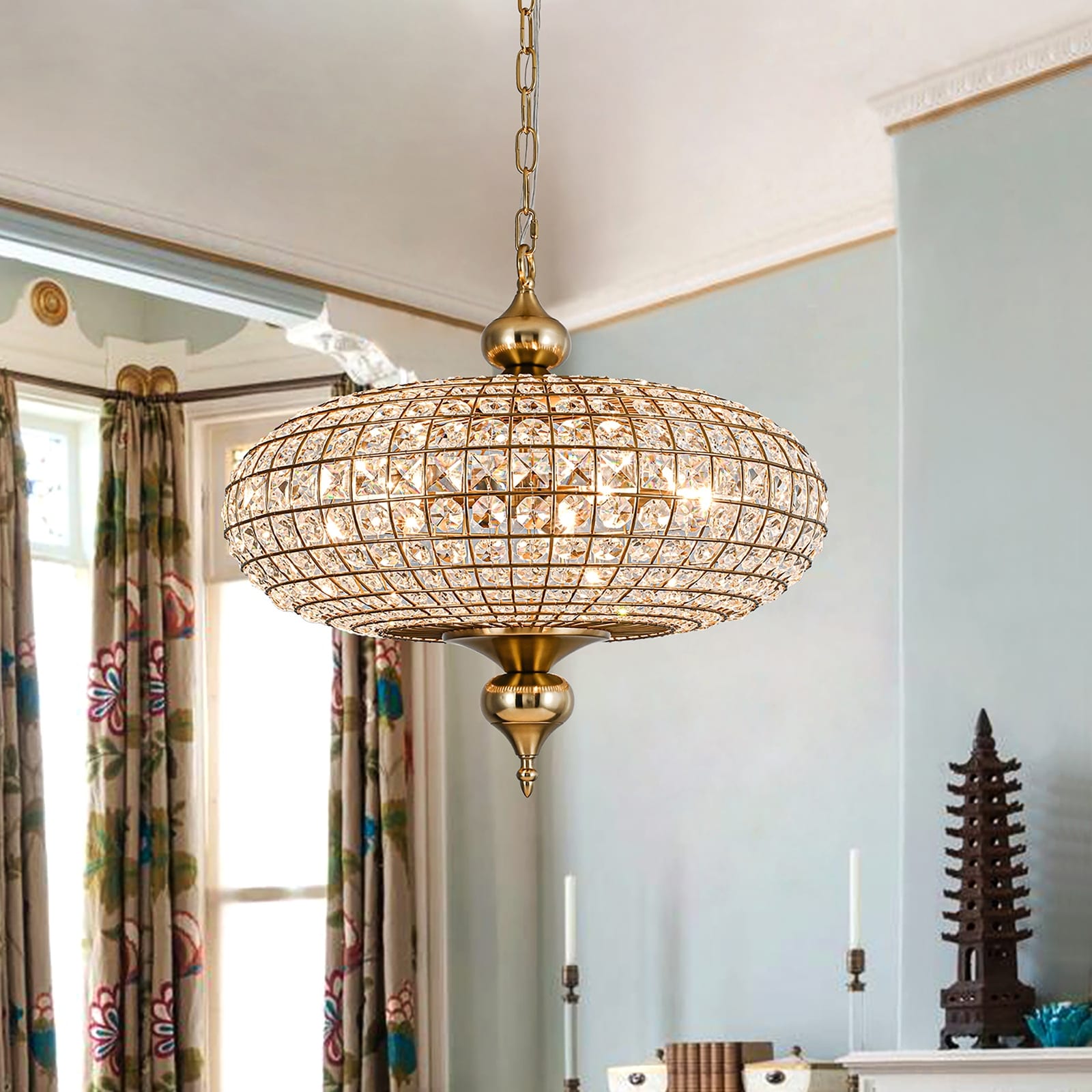 Lampadario da cucina in stile francese retrò con 4/5 luci in ottone anticato e cristallo a forma di globo