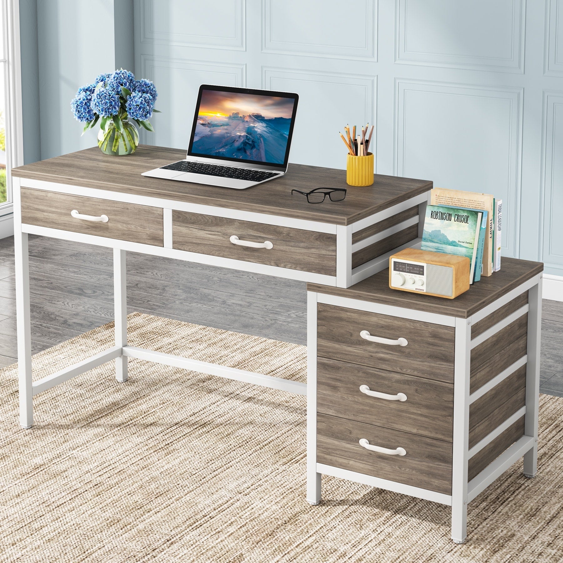 Scrivania per computer reversibile con 5 cassetti, scrivania per ufficio con cassetto per schedario e supporto per stampante