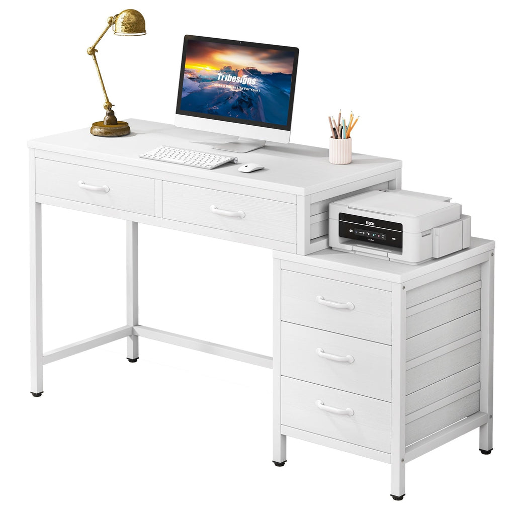 Scrivania per computer reversibile con 5 cassetti, scrivania per ufficio con cassetto per schedario e supporto per stampante
