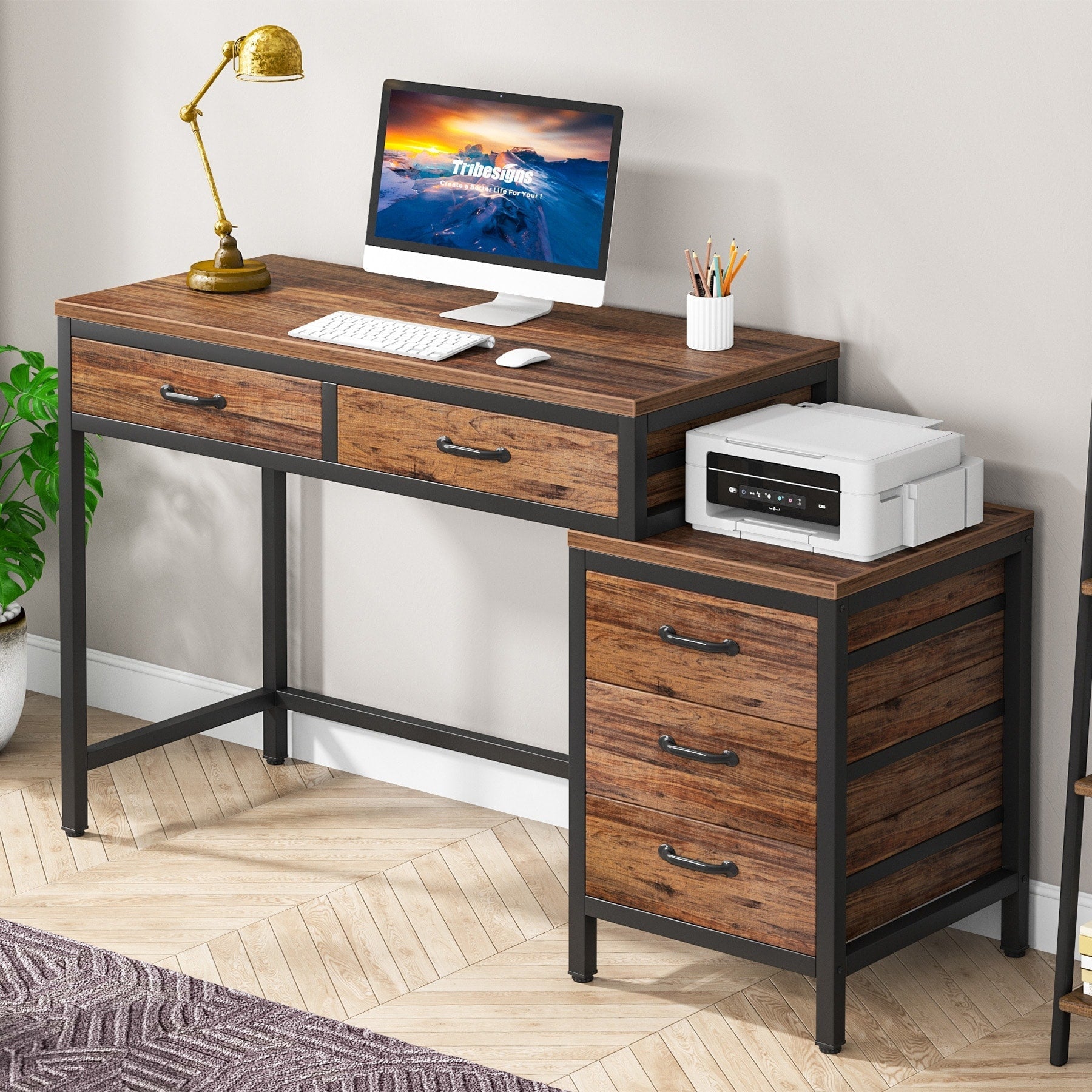 Scrivania per computer reversibile con 5 cassetti, scrivania per ufficio con cassetto per schedario e supporto per stampante