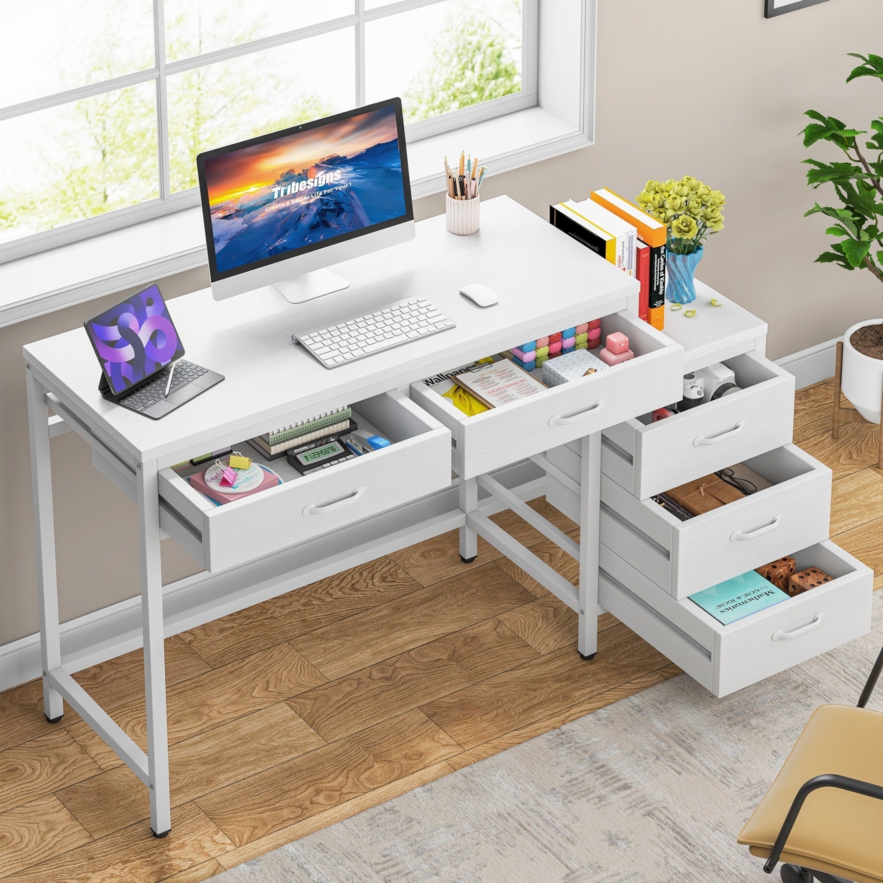 Scrivania per computer reversibile con 5 cassetti, scrivania per ufficio con cassetto per schedario e supporto per stampante