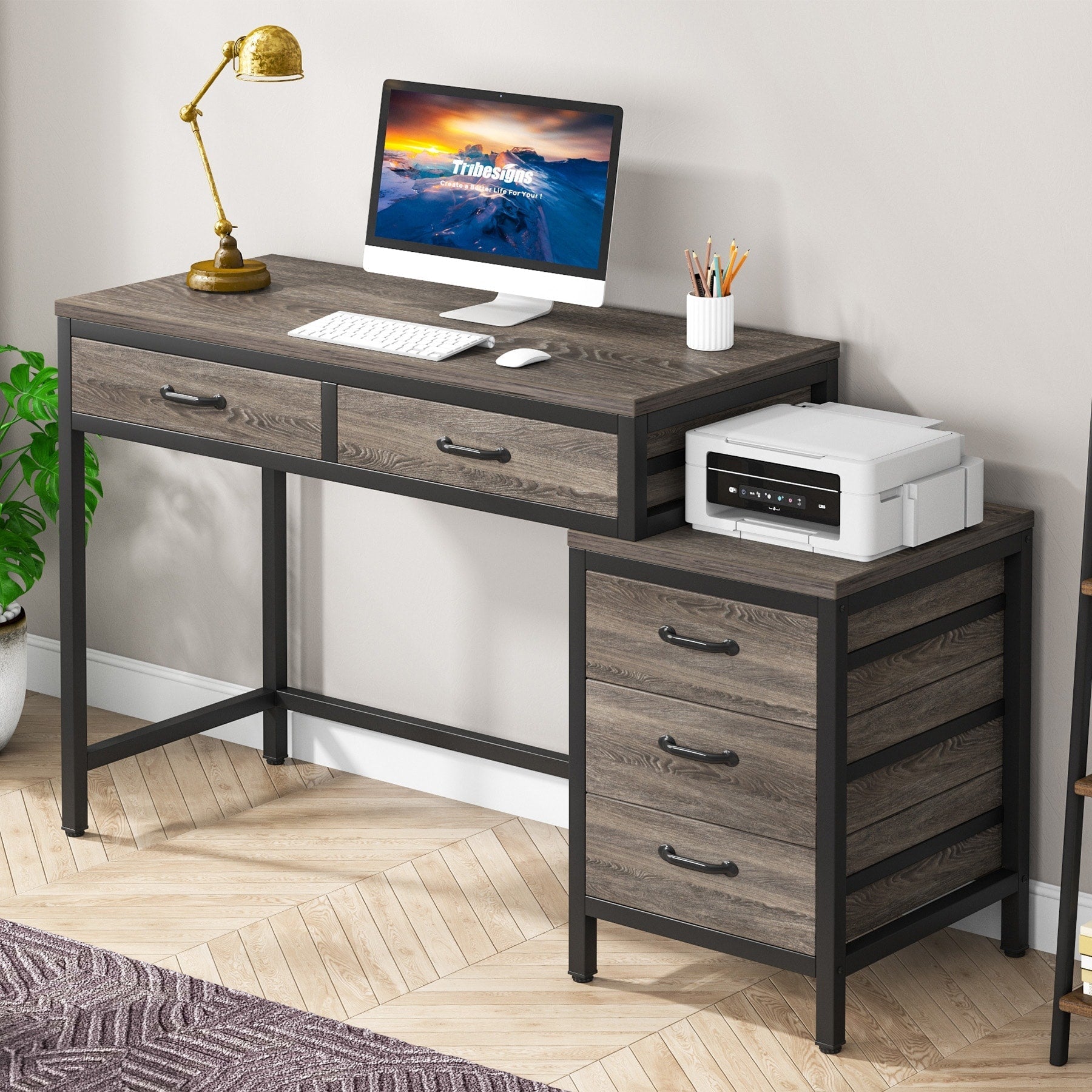 Scrivania per computer reversibile con 5 cassetti, scrivania per ufficio con cassetto per schedario e supporto per stampante