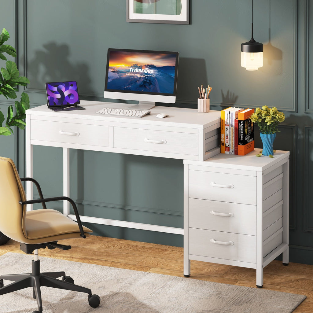 Scrivania per computer reversibile con 5 cassetti, scrivania per ufficio con cassetto per schedario e supporto per stampante