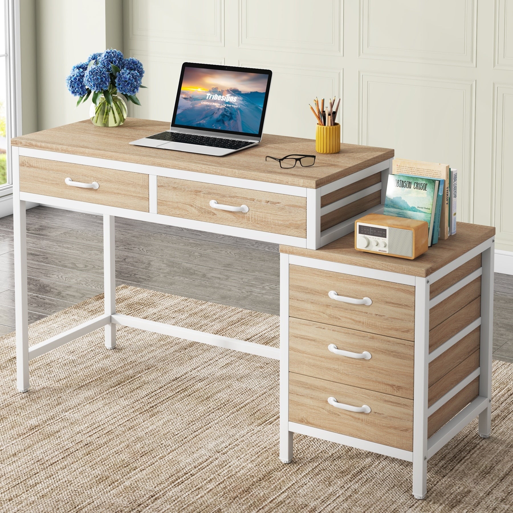 Scrivania per computer reversibile con 5 cassetti, scrivania per ufficio con cassetto per schedario e supporto per stampante