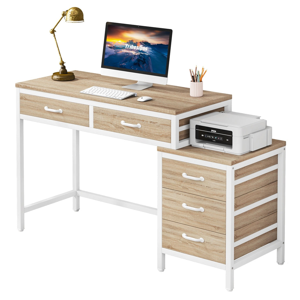 Scrivania per computer reversibile con 5 cassetti, scrivania per ufficio con cassetto per schedario e supporto per stampante