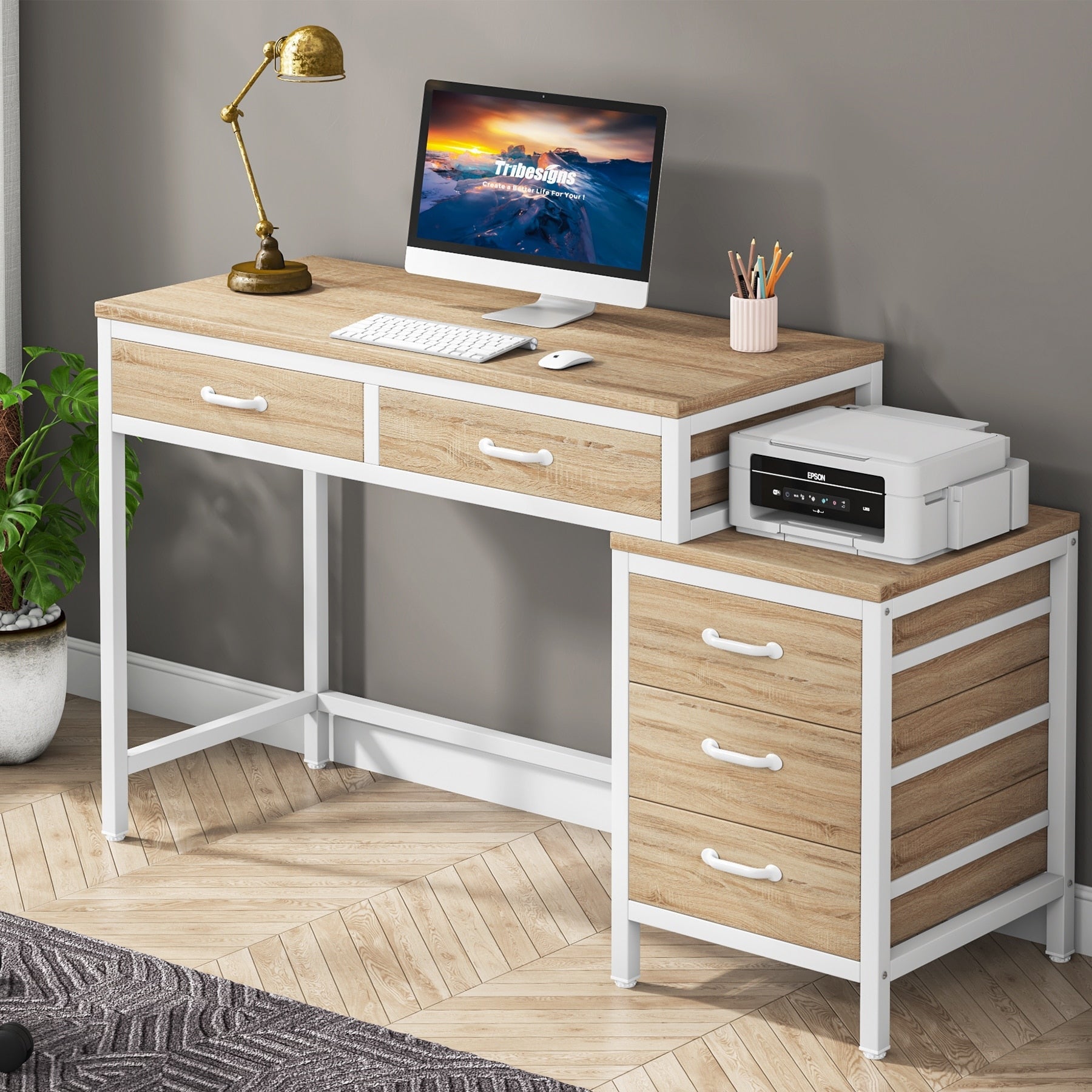 Scrivania per computer reversibile con 5 cassetti, scrivania per ufficio con cassetto per schedario e supporto per stampante