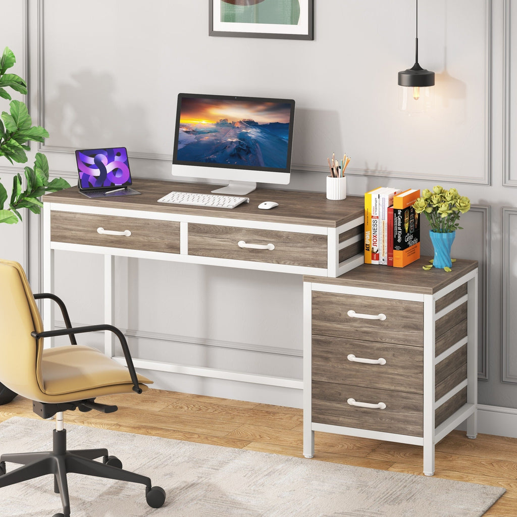 Scrivania per computer reversibile con 5 cassetti, scrivania per ufficio con cassetto per schedario e supporto per stampante