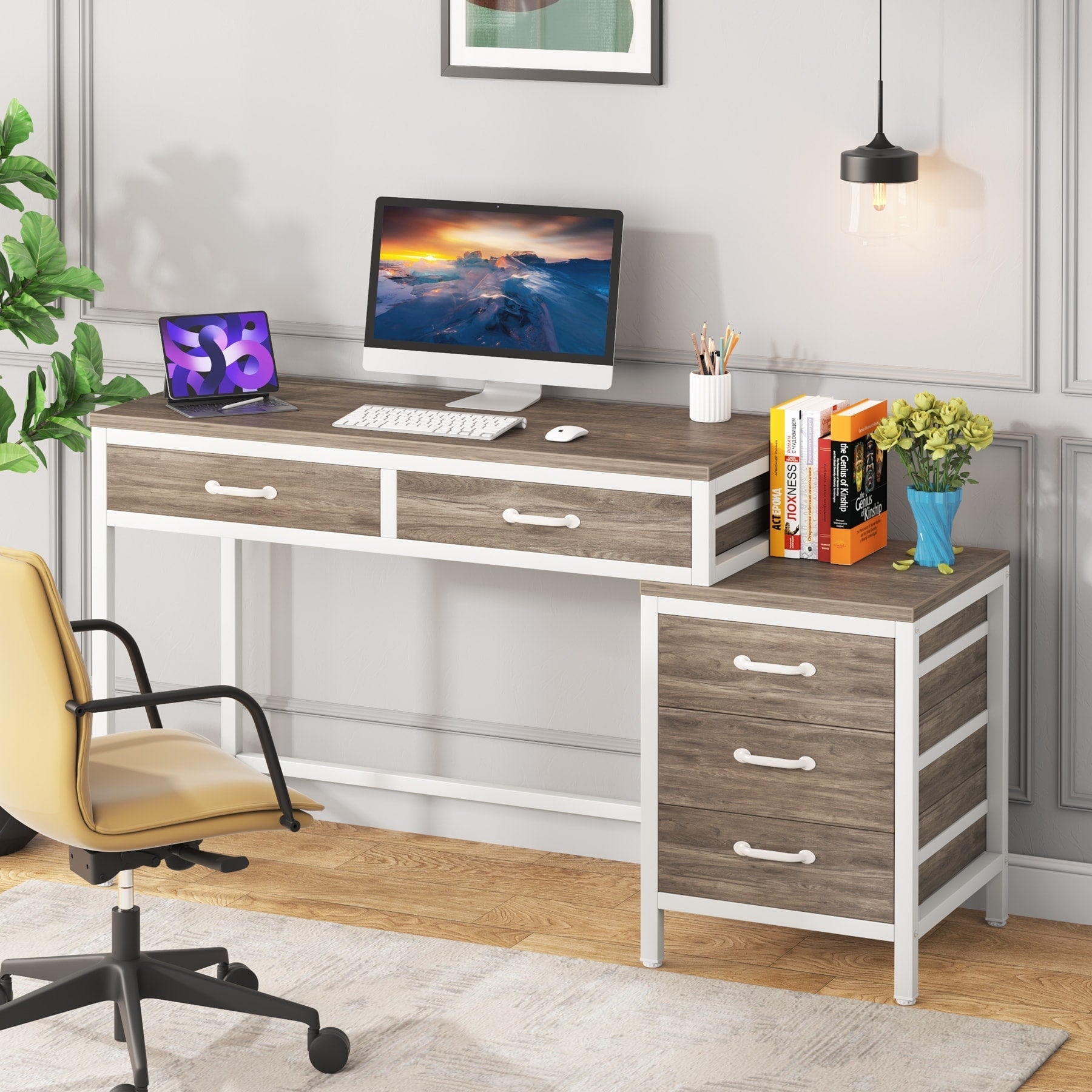 Scrivania per computer reversibile con 5 cassetti, scrivania per ufficio con cassetto per schedario e supporto per stampante