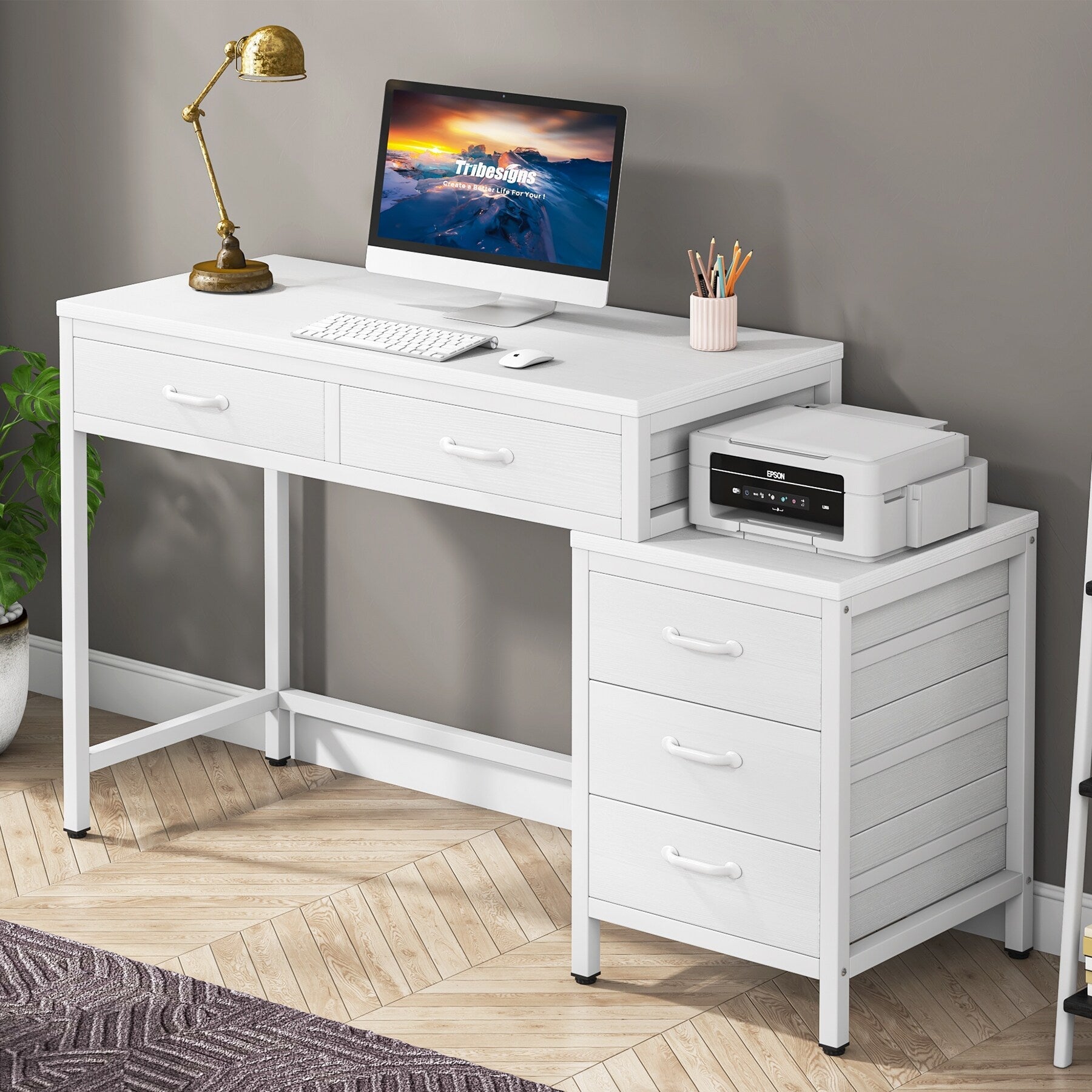 Scrivania per computer reversibile con 5 cassetti, scrivania per ufficio con cassetto per schedario e supporto per stampante