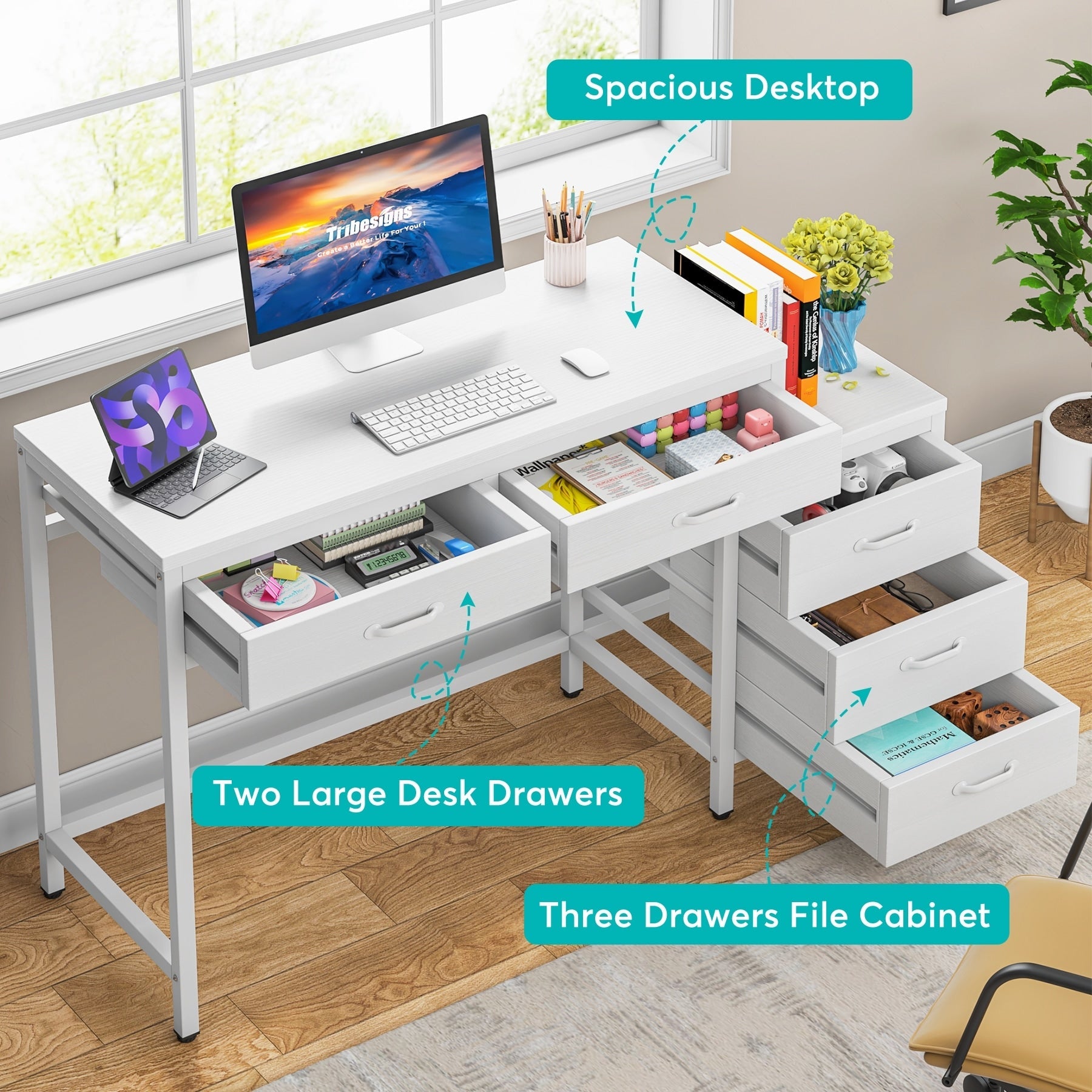 Scrivania per computer reversibile con 5 cassetti, scrivania per ufficio con cassetto per schedario e supporto per stampante