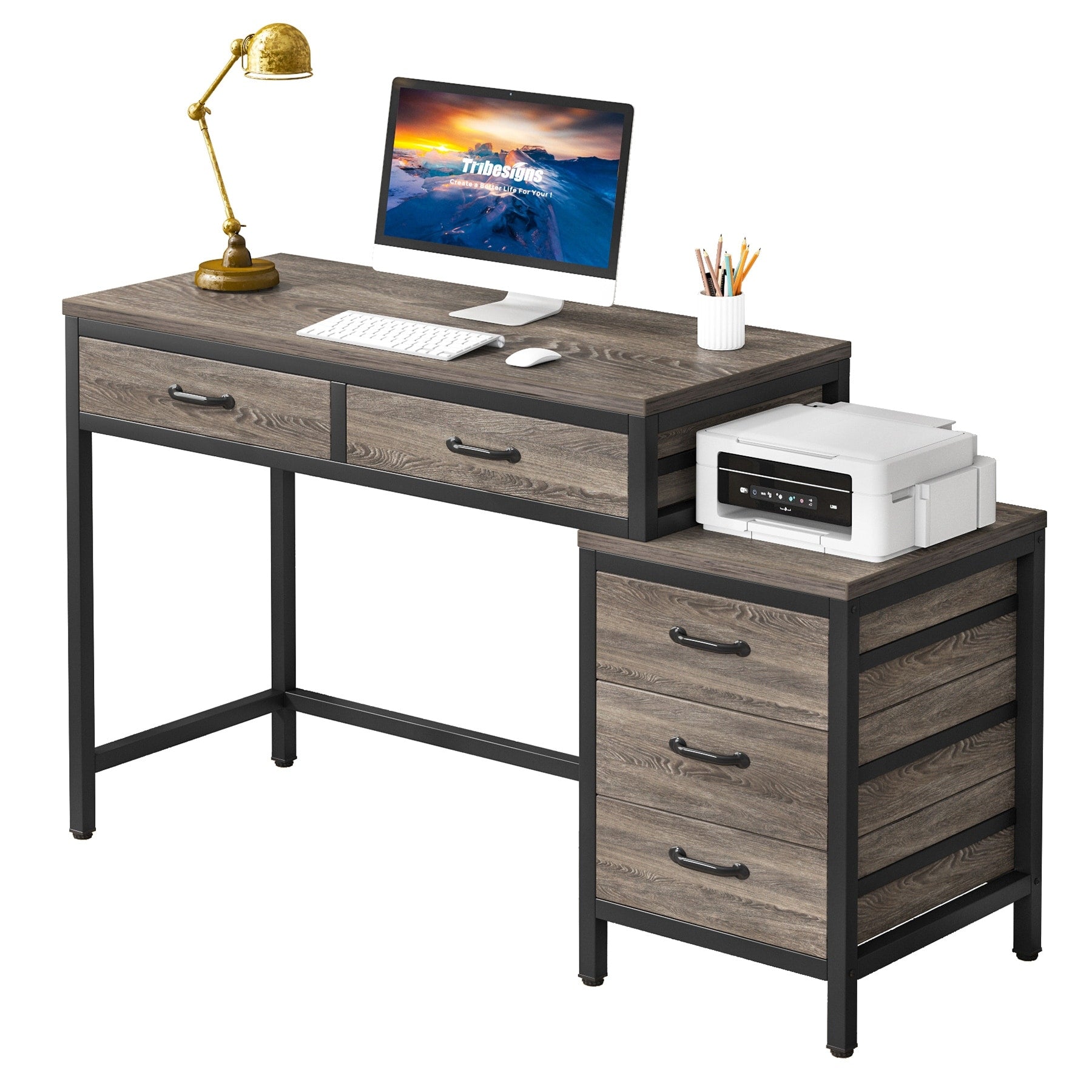 Scrivania per computer reversibile con 5 cassetti, scrivania per ufficio con cassetto per schedario e supporto per stampante
