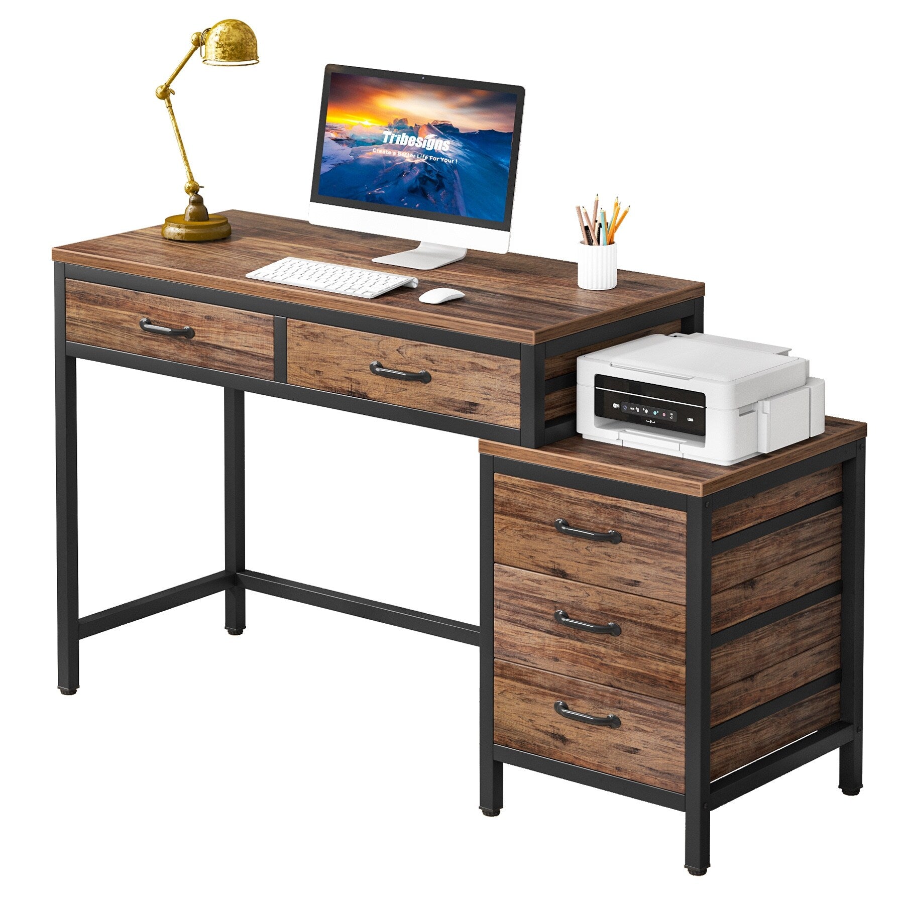 Scrivania per computer reversibile con 5 cassetti, scrivania per ufficio con cassetto per schedario e supporto per stampante