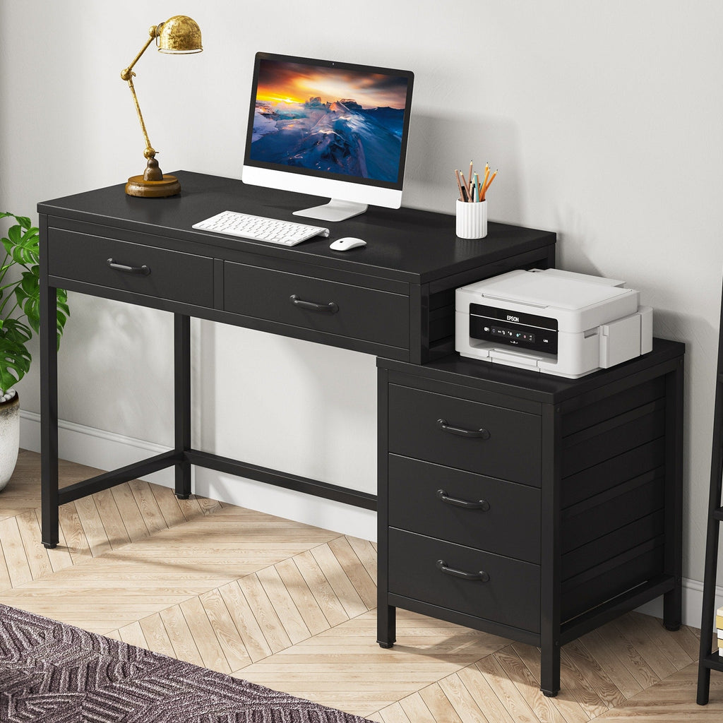 Scrivania per computer reversibile con 5 cassetti, scrivania per ufficio con cassetto per schedario e supporto per stampante