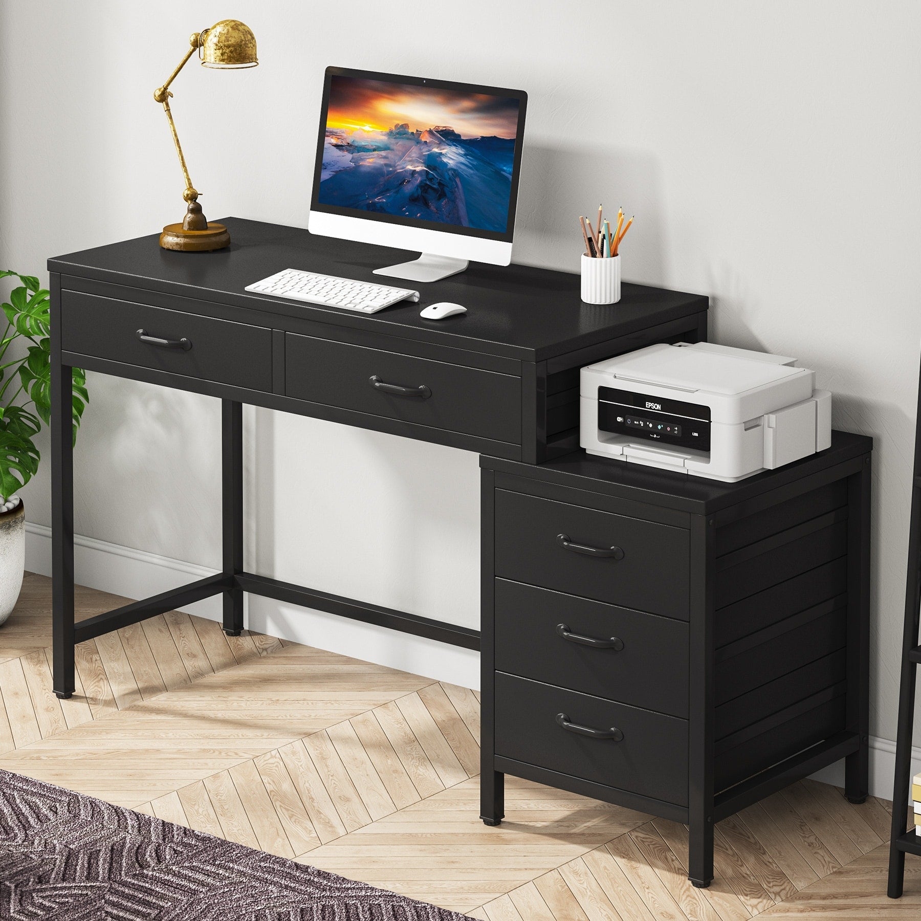 Scrivania per computer reversibile con 5 cassetti, scrivania per ufficio con cassetto per schedario e supporto per stampante