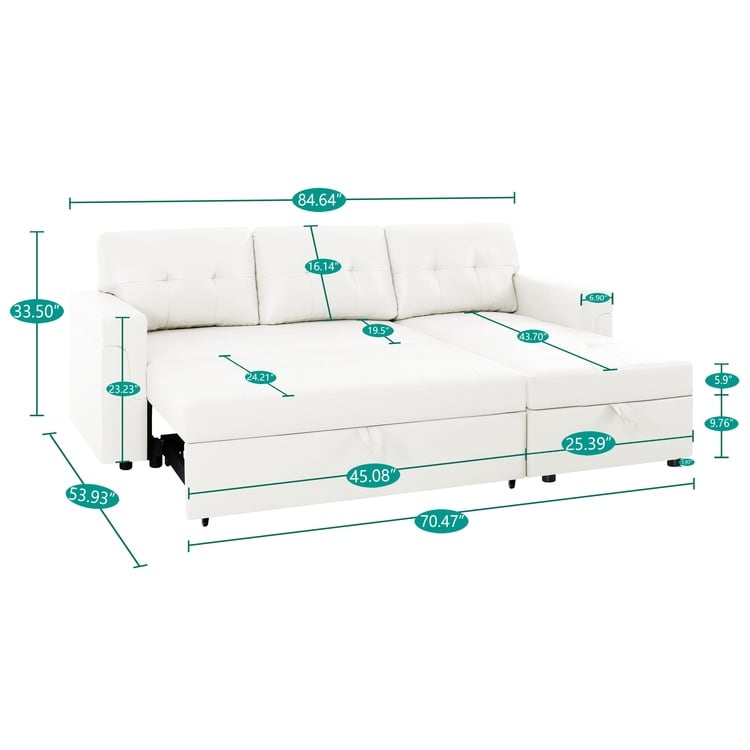 Divano componibile reversibile con letto estraibile, chaise longue con contenitore nascosto e gambe resistenti
