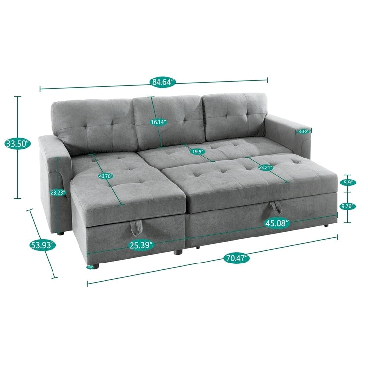 Divano componibile reversibile con letto estraibile, chaise longue con contenitore nascosto e gambe resistenti