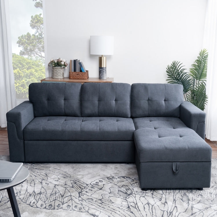 Divano componibile reversibile con letto estraibile, chaise longue con contenitore nascosto e gambe resistenti