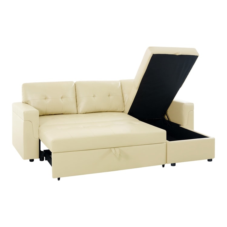 Divano componibile reversibile con letto estraibile, chaise longue con contenitore nascosto e gambe resistenti