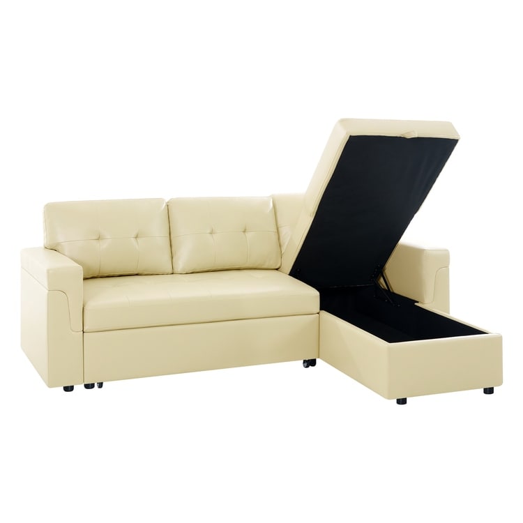 Divano componibile reversibile con letto estraibile, chaise longue con contenitore nascosto e gambe resistenti