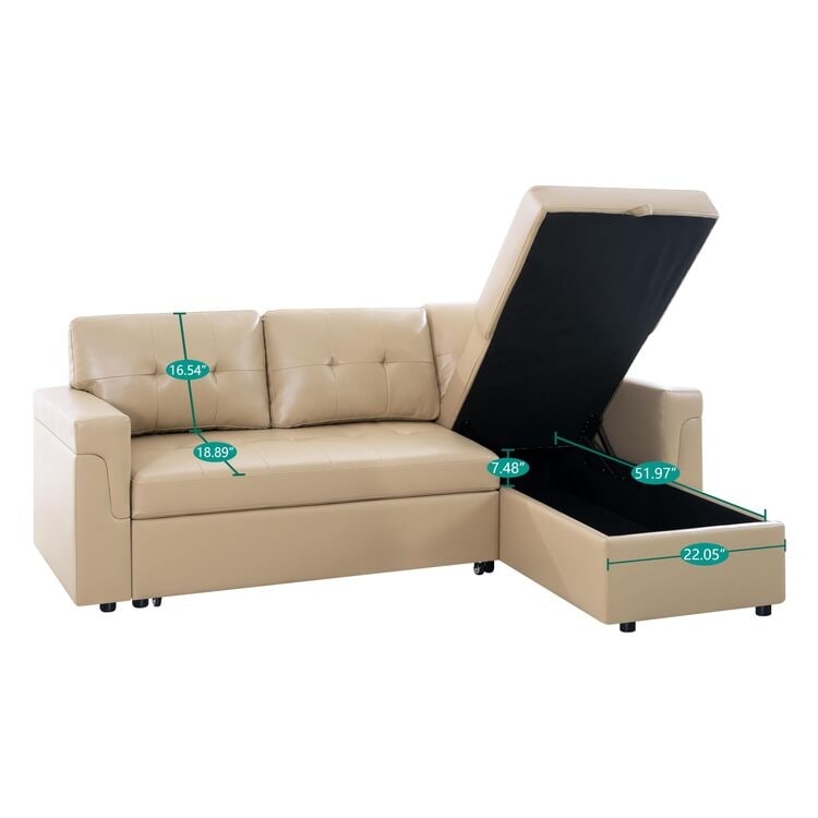 Divano componibile reversibile con letto estraibile, chaise longue con contenitore nascosto e gambe resistenti