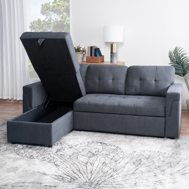Divano componibile reversibile con letto estraibile, chaise longue con contenitore nascosto e gambe resistenti